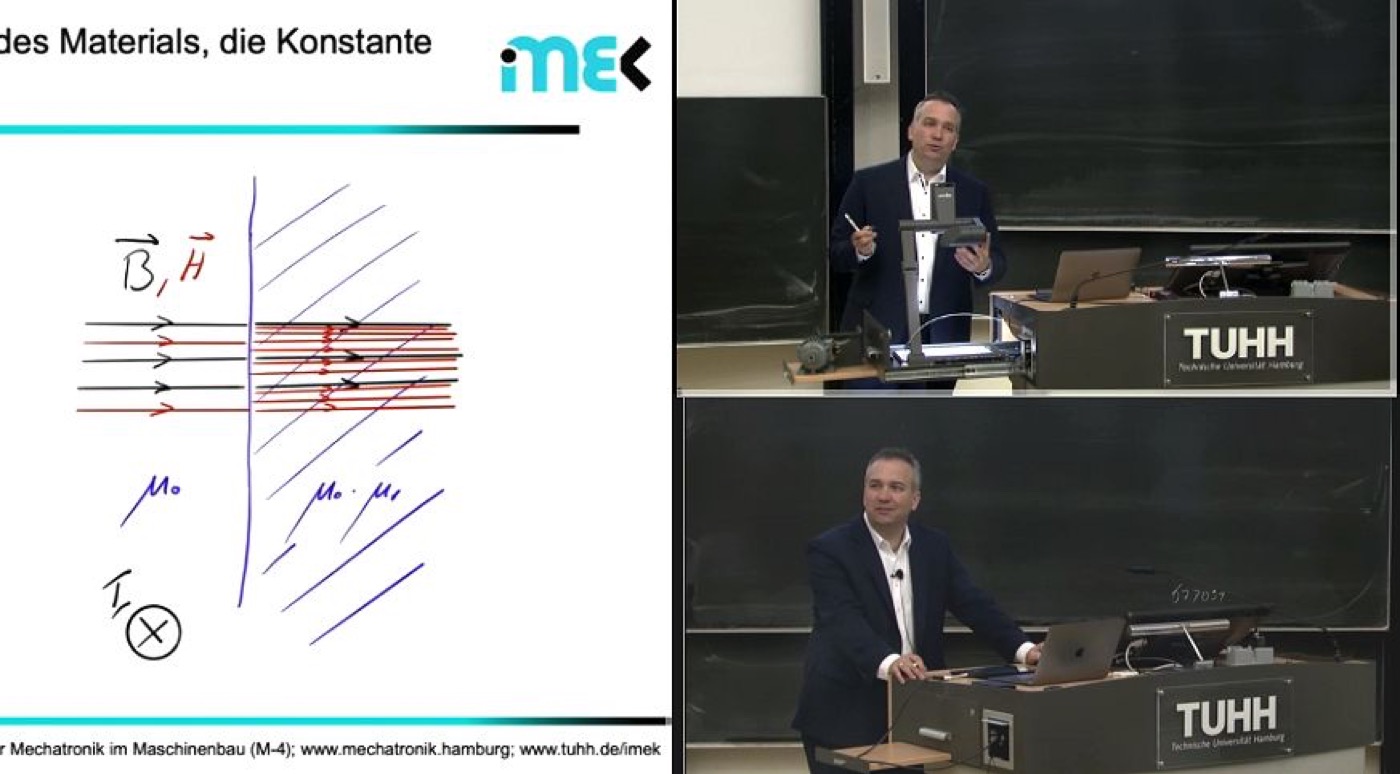 Lecture recording: blackboard writing and lecture hall at TUHH